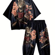 Resim Samurai Kedi Günlük Set Plaj Giysisi Pijama Ev Kıyafeti Dijital Baskı Kimono 3D Baskılı Ejderha Ukiyo-e Kediler Dokuzda Sekiz Pantolon Kimono 