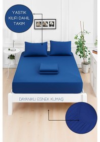 Resim Mirava Premium %100 Pamuk Penye Lastikli Çift Kişilik Çarşaf Takımı 2 Yastık Kılıfı Dahil Lacivert 180x200cm Lacivert 