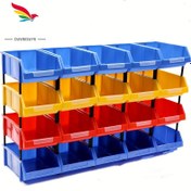 Resim 2 Adet Ağır Hizmet Tipi Plastik Çok Bölmeli Düzenleyici Kutular Ergonomik Saplı - Kırmızı/Mavi/Sarı Vidalara, Aletlere, Donanımlar için Üst Üste Konulabilir Saklama Kutuları - Dayanıklı Atölye & Garaj Organizasyonu, Eğimli Bölme Tasarımı, Sağlam Yapı 