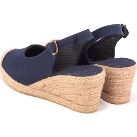 Resim Star Tombis Gerçek Elişi Arkadan Bantlı Topuğu Açık Burnu Hasırlı Keten Espadril Dolgu Topuk Handmade Lacivert 