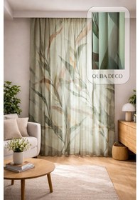 Resim Floral Desenli Yeşil Şık Natural Keten Dokulu Tül Perde Salon Oturma Odası Yatak Odası Çocuk Odası Yeşil 