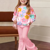 Resim 2'li 'Loral Baskılı Uzun Kollu Üst & Pantolon Takımı - Yumuşak Pembe & Çok Renkli Çiçek Desenli, Yuvarlak Yaka Cepli Günlük Kombin, Sonbahar/Kış için Mükemmel, Dış Mekan için 