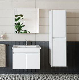 Resim banos Tm3 Ayaksız 2 Kapaklı Lavabolu Beyaz Mdf 65 Cm Banyo Dolabı Aynalı Üst Dolap Boy Dolabı 