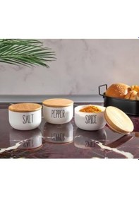 Resim Mien Bambu Kapaklı 3'lü Cam Baharat Seti Beyaz 