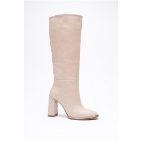 Resim Kadın Deri Çizme Yüksek Kalın Topuklu 9 Cm Bej Montera Bej 