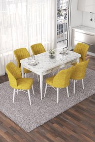Resim Canisa Nef Serisi, Beyaz Mermer Desen 70x114, Açılabilir Mdf Yemek Odası Takımı, 6 Hardal Sandalye 