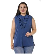 Resim Büyük Beden Yakası İki Kat Volanlı Düğmeli Kolsuz Saks Mavi Gömlek Saks Saks Mavi 