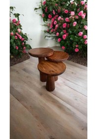 Resim Ahşap Mantar Sehpa 3 Lü Set Meşe Renk Masif Doğal Fiskos Sehpa Ve Zigon Takımı - Wooden Side Table Meşe 