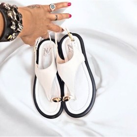 Resim Ne&ve Shoes Beyaz Deri Tokalı Parmak Arası Kadın Günlük Sandalet 