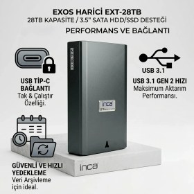 Resim Inca EXT-28TB 28TB Destekli 3.5'' Sata HDD/SSD Harici Disk USB 3.0/3.1 - Alüminyum Kasa (Windows & Macos Uyumlu) 