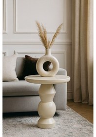 Resim Doğal Masif Ahşap Krem Renk Tekli Yan Sehpa Mantar Sehpa - Coffee Table Bej 