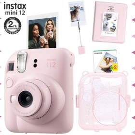 Resim Fujifilm Instax mini 12 Pembe Fotoğraf Makinesi-20'li Film-Kıskaçlı Stand-PVC Albüm ve Simli Pleksi Kılıf Set 