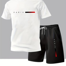 Resim Erkekler için 2 parça set, Kısa Kollu Baskılı T-Shirt ve Bağcıklı Polyester Şort, Rahat Yuvarlak Yaka, Küçük Boyutlu T-Shirt ve Bağcıklı Şort, Spor Seti, Erkekler için Baskılı Giyim, Dış Mekan Spor Modası Kısa Kollu T-Shirt ve Şort Seti 