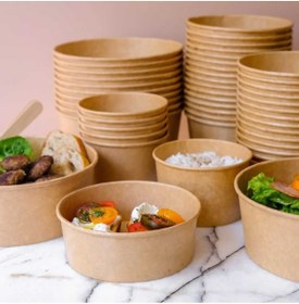 Resim BAKOM AMBALAJ 10'lu 550 CC Organik Kraft Karton Salata Kasesi Kapaklı + 10'lu Lüks Siyah Plastik Çatal Seti 