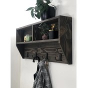 Resim O&A Wood Doğal Ahşap Vestiyer, Dekoratif 4 Askılı Portmanto, Raflı 2 Bölmeli Vintage Elbise Askısı Ceviz 