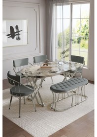 Resim Selenit Mutfak Yemek Masası Takımı- 6 Kişilik Mutfak Masa Sandalye Takımı- Mutfak Masası Takımı Beyaz Mermer Model 