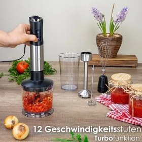 Resim 5'i 1 Arada 1 Arada 1200 W Daldırma Mikseri, Doğrayıcı, Çırpıcı, Süt Köpürtücü, Güçlü Dozaj Bardağı, 12 Vitesli Turbo Kıyma Makinesi En Sert Malzemeleri Karıştırmak Için 