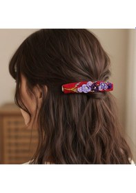 Resim Uretti - Tülin 3528 1945 El Yapımı Brezilya Nakışlı Çiçek Motifli Klipsli Kırmızı Saç Tokası / 8 Cm Kırmızı 