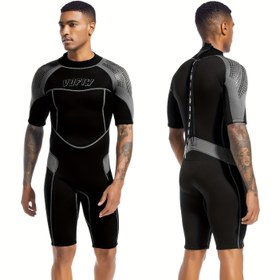 Resim 3mm Erkekler için Fermuarlı Kısa Kollu Nöropren Wetsuit - Yüzme, Kürek Çekme ve Yelken Yelkeni için Nefes Alabilen, Ergonomik Tasarım - Siyah Gri Detaylarla, Spor Giyim|Modern Wetsuit|Zippered Wetsuit 
