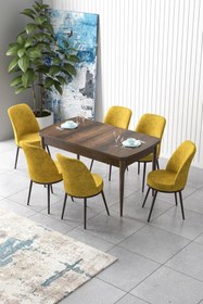 Resim Canisa Concept Zen Serisi 80x132 Mdf Açılabilir Barok Ahşap Desen Masa Takımı Ve 6 Hardal Sandalye 
