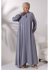 Resim Kadın Gri Kolu Lastikli Yarım Fermuarlı Tesettür Ferace Elbise 001 