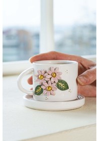 Resim Rivaistanbul Pembe Çiçekli Amore El Yapımı Seramik Double Kahve Fincanı Mug Kupa Krem 