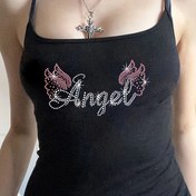 Resim Angel Wings Baskılı Halter Boyunlu Atlet - Parıldayan Detaylı Yumuşak Pembe, Kadınlar İçin Rahat Yaz Üstü, Rahat Giyim|Spagetti Askılı Üst|Dekoratif Detay 