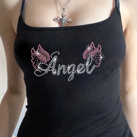 Resim Angel Wings Baskılı Halter Boyunlu Atlet - Parıldayan Detaylı Yumuşak Pembe, Kadınlar İçin Rahat Yaz Üstü, Rahat Giyim|Spagetti Askılı Üst|Dekoratif Detay 
