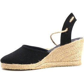 Resim Gerçek Elişi Topuğu Açık Bilekten Bağlamalı Bej Dolgu Topuk Keten Hasır Espadril Handmade Siyah 