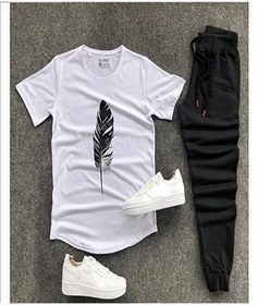 Resim MYDARKSTYLE Unisex Beyaz Yaprak Baskılı Tişört Siyah Eşofman Altı Slim Fit Kombin Alt Üst Takım 