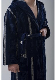 Resim Kapüşonlu Bornoz Bornoz Sabahlık Kadife Bornoz Pamuk Bornoz Lacivert 