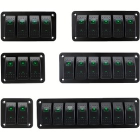 Resim 8'li Grup Anahtar Paneli, 5-Pin Önceden Bağlı Alüminyum, 12V/24V Uyumlu, Yeşil LED Göstergeli, ABS Malzeme, Arabalar, Botlar, ATV Römorkları, Deniz Elektrik Sistemi için, Pil Gerektirmez 