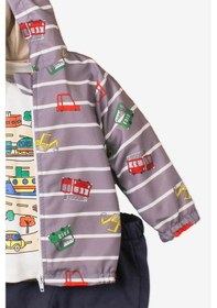 Resim Araba Desenli Kapüşonlu İçi Pamuklu Yağmurluk Bebek Takımı Gri 