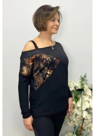 Resim Mia Butik Büyük Beden Kahve Tek Omuz Leopar Detaylı Bluz Kahve 