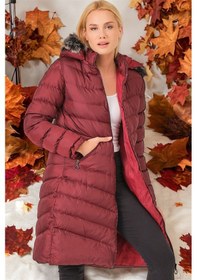 Resim Z6690 Dewberry Kürklü Kapşonlu Bayan Kaban-düz Bordo-düz Bordo 