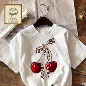 Resim Kadınlar için Rahat T-Shirt, Kiraz Leopar Baskılı Kurdele Tasarımı, Yuvarlak Yaka, Kısa Kollu, Beyaz, Bahar/Yaz/Sonbahar için Mükemmel 
