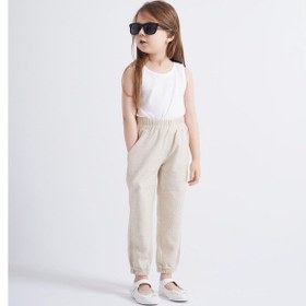 Resim Oliven The Kid Oliventhekid Bej Keten Beli Ve Paçaları Lastikli Cepli Rahat Unisex Çocuk Pantolon Bej Bej 