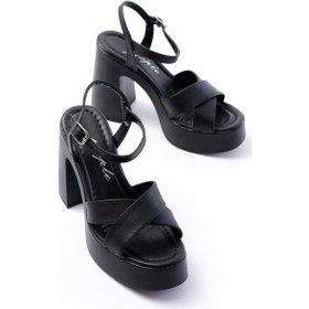 Resim P-105 Siyah Çapraz Kalın Topuklu Kadın Sandalet Renksiz 