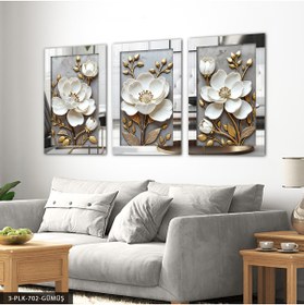 Resim Evinemoda Gold Yapraklı Beyaz Çiçek 3 Parça Pleksi Aynalı Tablo 