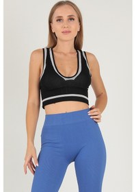 Resim Doremi Seamless Crop Renk Bloklu Spor Bluz Siyah 
