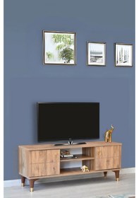 Resim Lenatv Sehpası Atlantik Çam 2 Kapaklı Gold Halkalı Kulplu Yerden Yüksek 130x36x50 Cm 