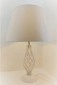 Resim Beyaz Rustik Burgulu Taşlı Metal Ayaklı 30'luk Beyaz Şapkalı Abajur Masa Lambası 