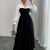 Resim Kadınların şık V-Neck Çizgili Uzun Kollu Elbisesi, %100 Polyester, Düğme Detayıyla Tüm Mevsimler için Uygun Elbise, Dokuma Kumaş, 100g/m² - Siyah ve Beyaz Yama Deseni 