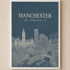 Resim Manchester Line Art Print - Slate Blue Town Hall Industrial Skyline Wall Art - Wooden Frame - White / 24 x 36" (60x90 cm) 