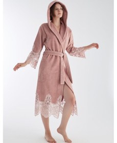 Resim Dantelli Uzun Kapüşonlu Triga Bambu Cotton Bayan Bornoz Pudra 