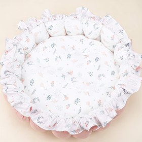 Resim Yuvarlak Babynest - Çift Taraflı - Pudra Muslin - Yeşil Çiçekler 