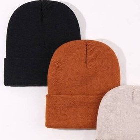 Resim Eke Tekstil Unisex Katlamalı 3'lü Bere Seti Kiremit - Siyah - Taş Siyah - Kiremit 