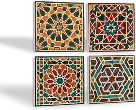 Resim Etnik Desen Taş Bardak Altlığı Seti - 4 Parça - Dekoratif, Rustik Mutfak Aksesuarı, 10x10 cm, Kaydırmaz Tabanlı, Şık ve Dayanıklı SC144 