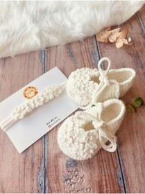 Resim seraskids El Yapımı Örgü Beyaz Yumuşak Kız Bebek Patik Ve Bandana Takım 