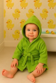 Resim CottonVerse Bebek & Çocuk Kapşonlu Bornoz - %100 Pamuk, Unisex Yeşil - Yeşil / 0-2 Yaş 